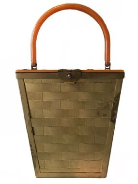 VINTAGE 1950'S GOLD METAL BASKET WEAVE AND CARAMEL CELLULOID TOP BOX CASE